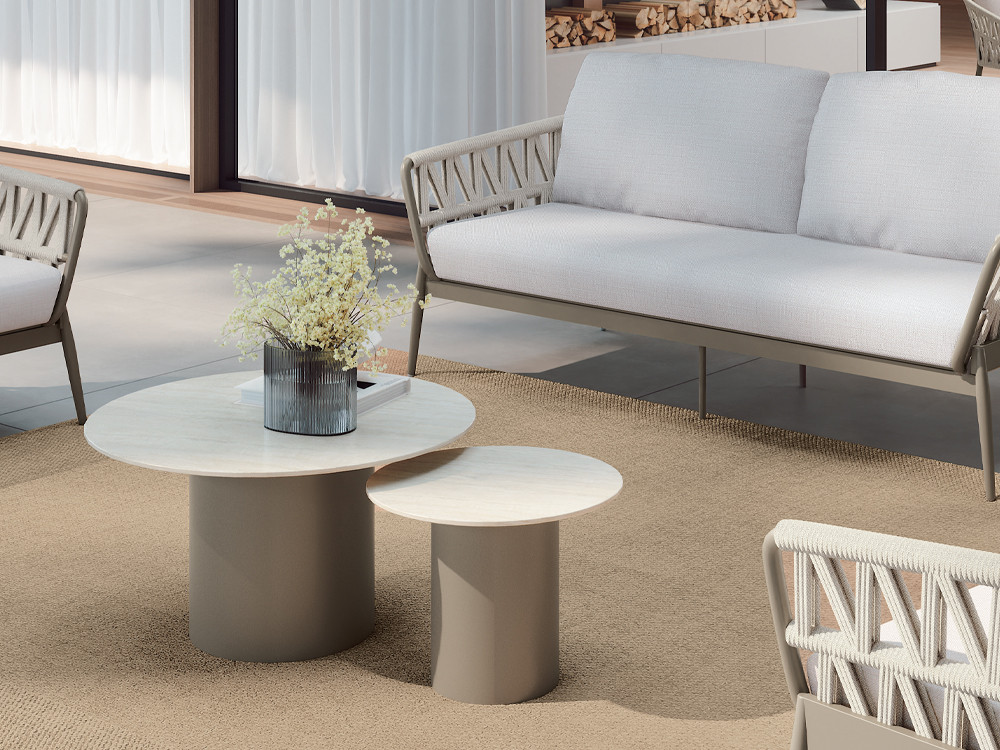 Mesa de centro redonda Berna de Arkimueble: sobre de sintered stone y base de aluminio