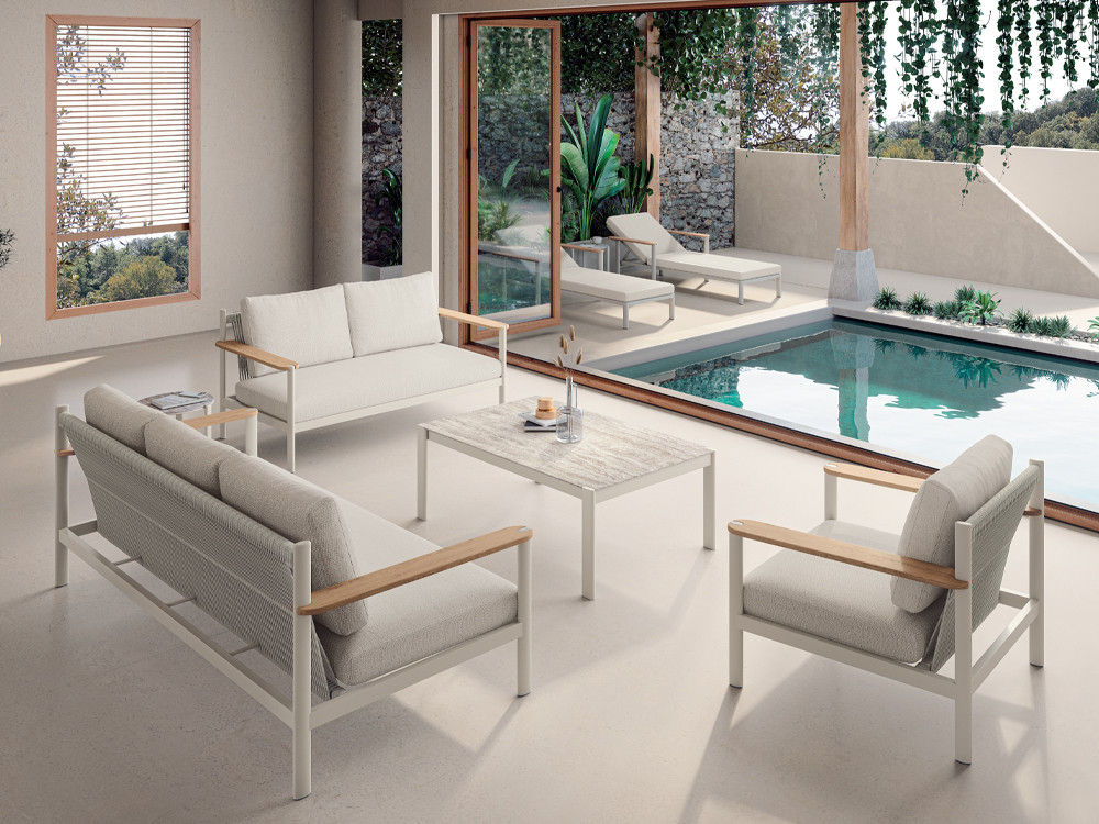 Mesas auxiliares modernas Patmos de Arkimueble: elegancia en sintered stone y estructura de aluminio