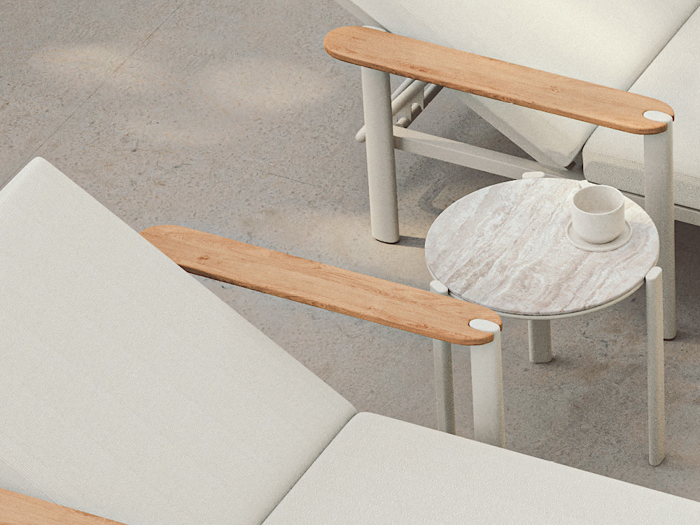 Mesa centro exterior Patmos de Arkimueble: diseño redondo con sobre de sintered stone y base de aluminio