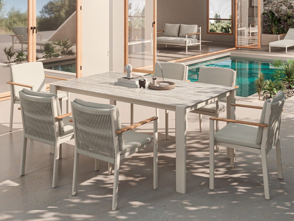 Mesa exterior aluminio Patmos de Arkimueble: comedor con sobre de sintered stone