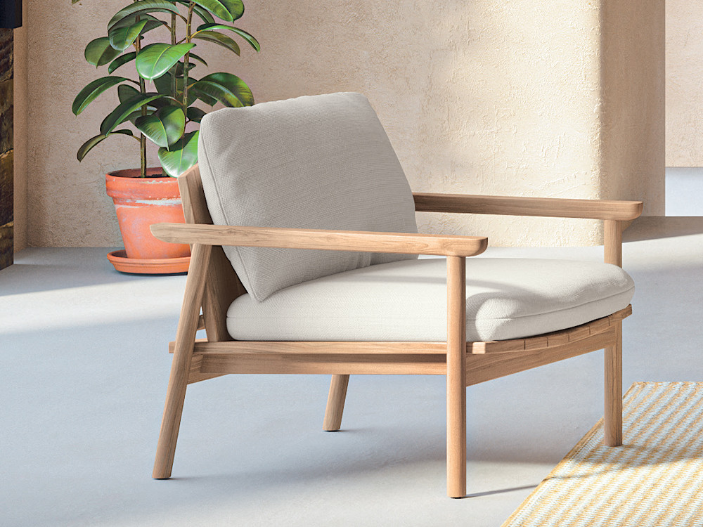 Sillón madera exterior Terra de Arkimueble: diseño en teca reciclada y asiento tapizado