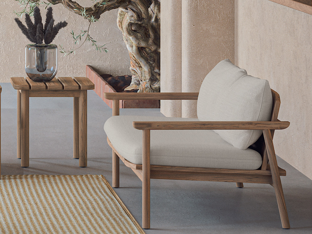 Sillones para terraza Terra de Arkimueble: estructura de teca reciclada y tapicería seleccionada