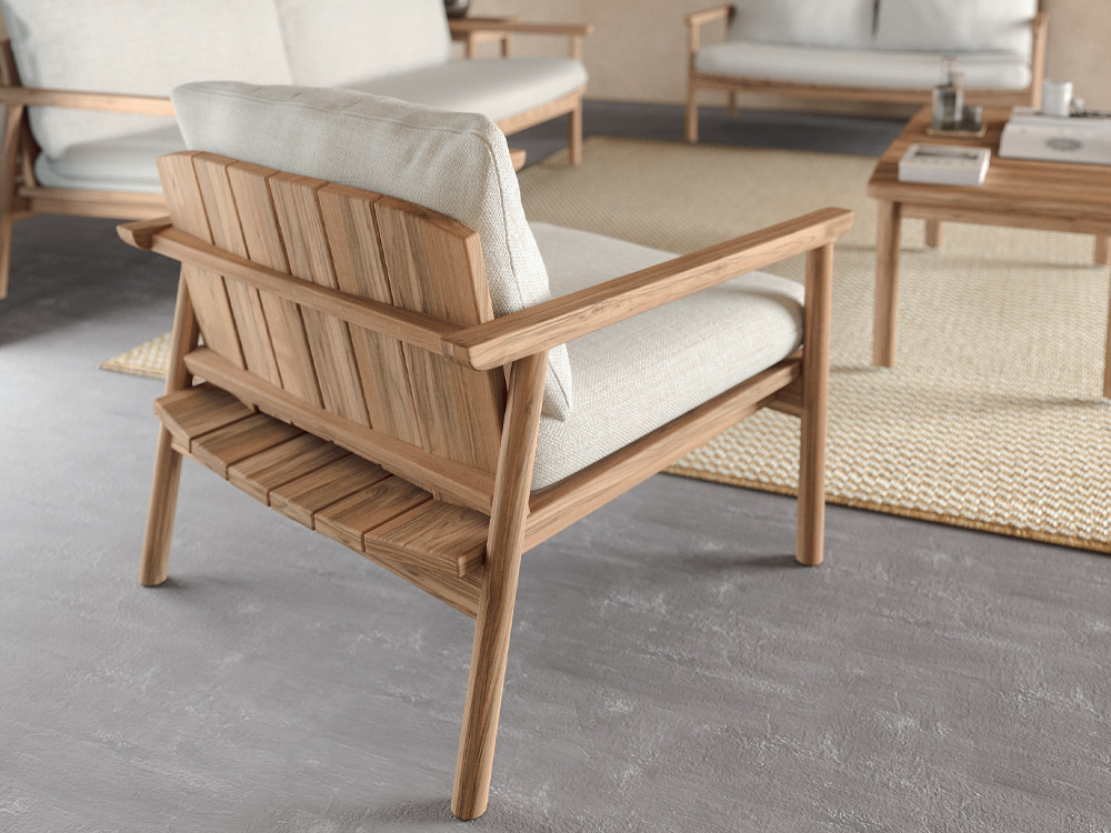 Sillón de jardín madera Terra de Arkimueble: confort sostenible en teca y tejidos premium