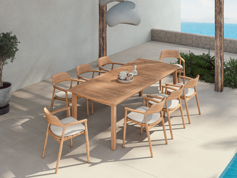 Mesa exterior madera Eco Novo de Arkimueble: diseño artesanal en teca maciza