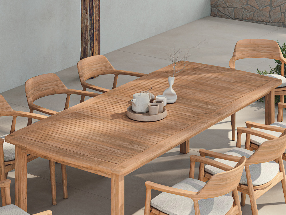Mesa jardín madera Eco Novo de Arkimueble: estructura robusta de teca de alta gama