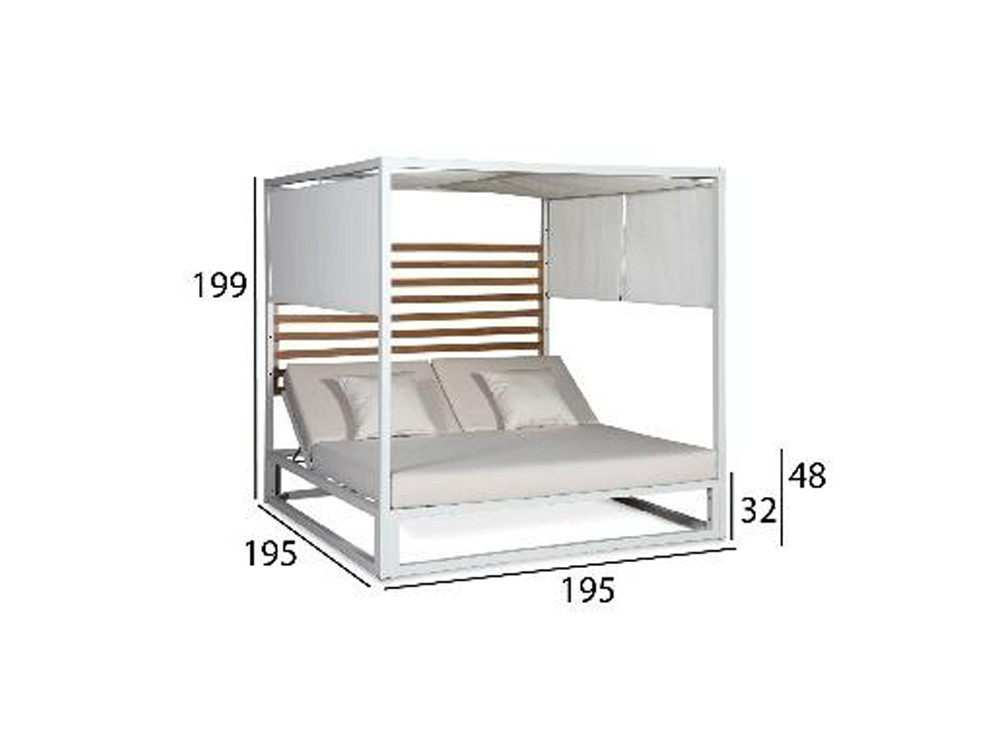 Cama balinesa exterior Creta: exclusividad de Arkimueble en aluminio y teca con toldo blanco
