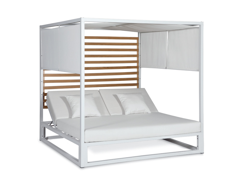 Cama de jardín Creta de Arkimueble: confort en aluminio y madera noble con dosel y cortinas