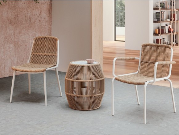 Mesa auxiliar diseño Expoart de Arkimueble: silueta barril con sobre de sintered stone y fibra trenzada