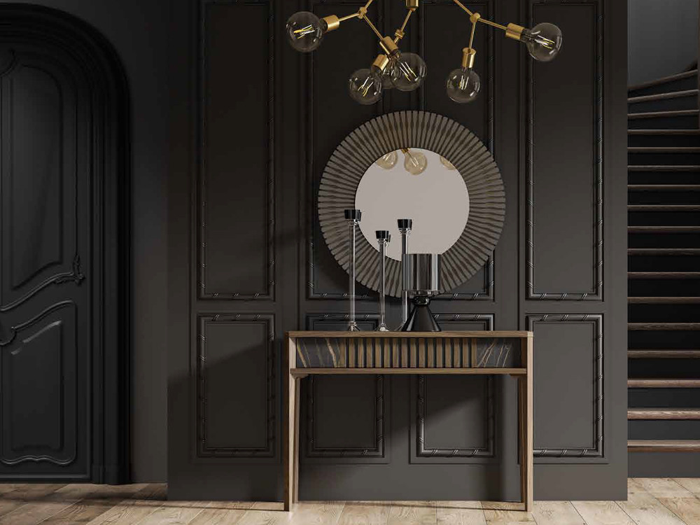 Consola recibidor de diseño atemporal en chapa natural de nogal Fly de Tabula