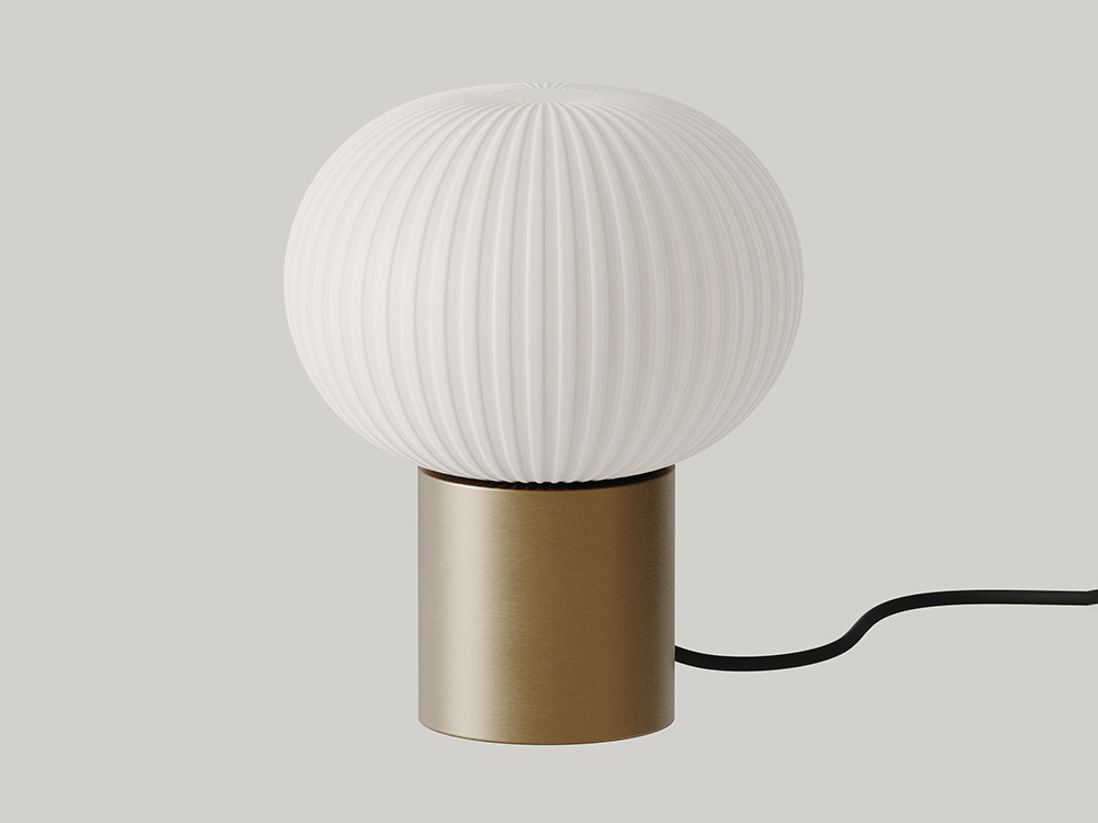 Lámpara de sobremesa Irzo de Aromas del Campo: base de mármol y tulipa de cristal opal estriado