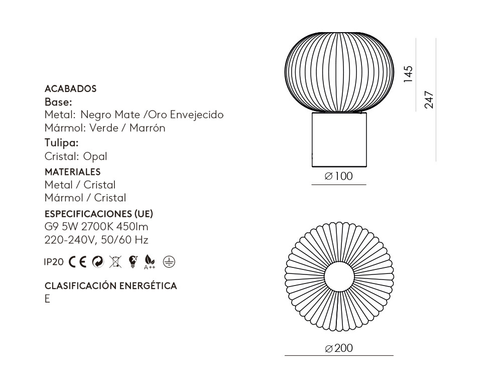 Mobel 6000: lámpara Irzo de Aromas del Campo con pie de mármol y cristal opal de alta calidad