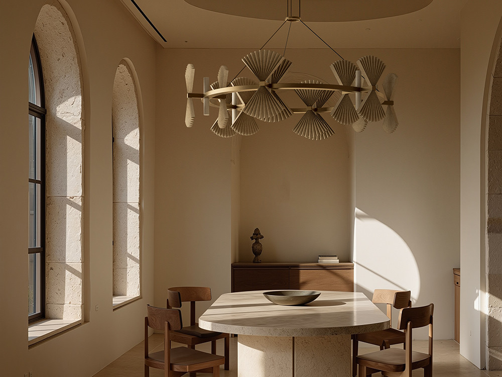 Lámpara de diseño Hita 6 de Aromas: estructura redonda con pantallas de pergamino y difusor opal premium