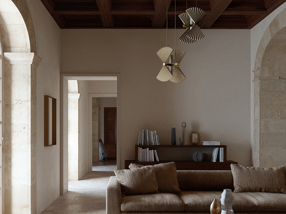 Lámpara de diseño Hita de Aromas: acabado en oro envejecido o negro mate con pantalla técnica