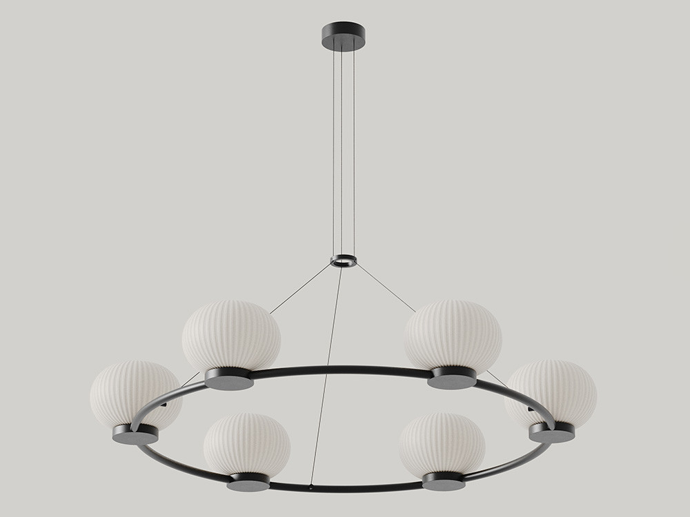 Lámpara de techo Irzo de Aromas del Campo: estructura redonda de seis luces con tulipas de cristal opal estriado