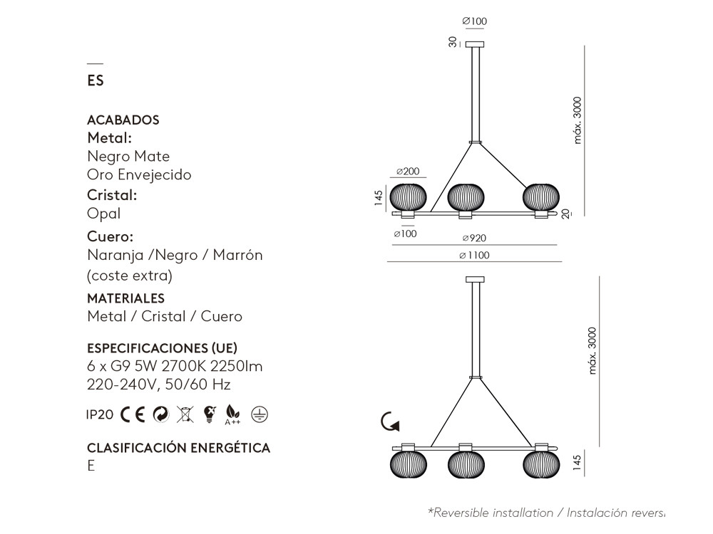 Lámpara de techo Irzo de Aromas: diseño contemporáneo de seis tulipas con acabados artesanales en metal y cuero