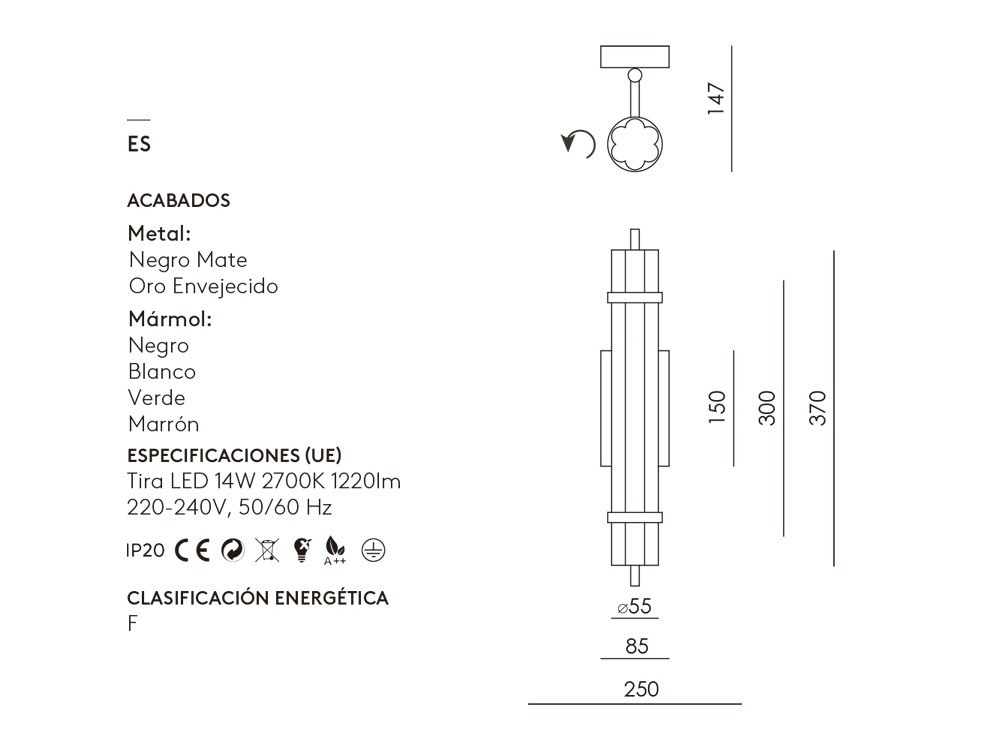 Mobel 6000: aplique de luz pared Tasta de Aromas del Campo con cuerpo metálico y mármol de lujo