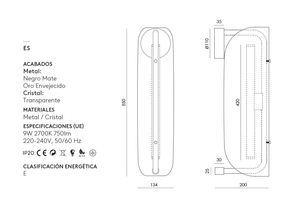 Lámpara de pared Lida de Aromas: cuerpo metálico y cristal de alta calidad para proyectos de interiorismo