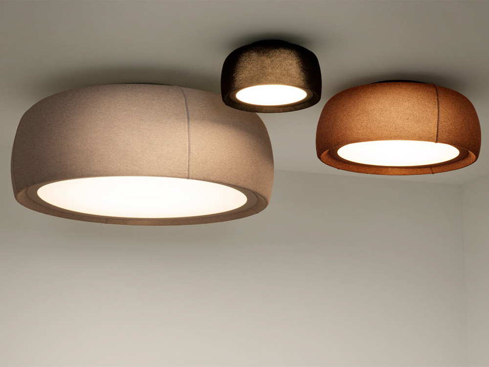 Plafón de techo Gong de Leds C4: pantalla textil tapizada disponible en 3 tamaños y 3 colores