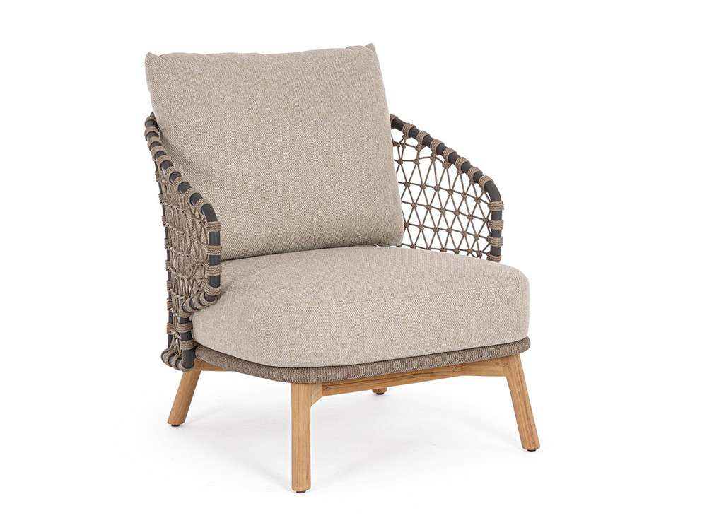 Sillón de terraza Eularia de Bizzotto: diseño exclusivo con cuerda trenzada y patas de teca maciza
