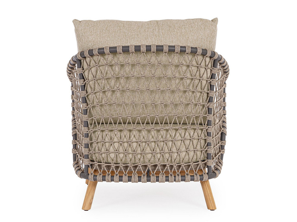 Sillón para terraza Eularia: confort de Bizzotto con respaldo de cuerda y base de madera natural