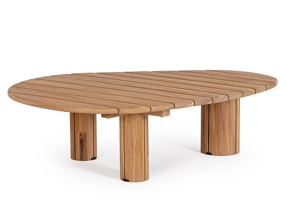 Mesa de centro moderna Tamires de Bizzotto: estructura robusta de teca con diseño escultórico irregular