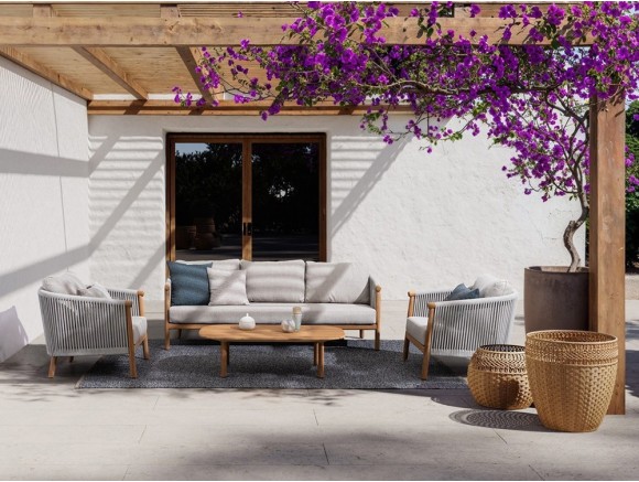Conjunto de salón exterior Apollus de Bizzotto: sofá de 2 plazas, sillones y mesa en madera de teca