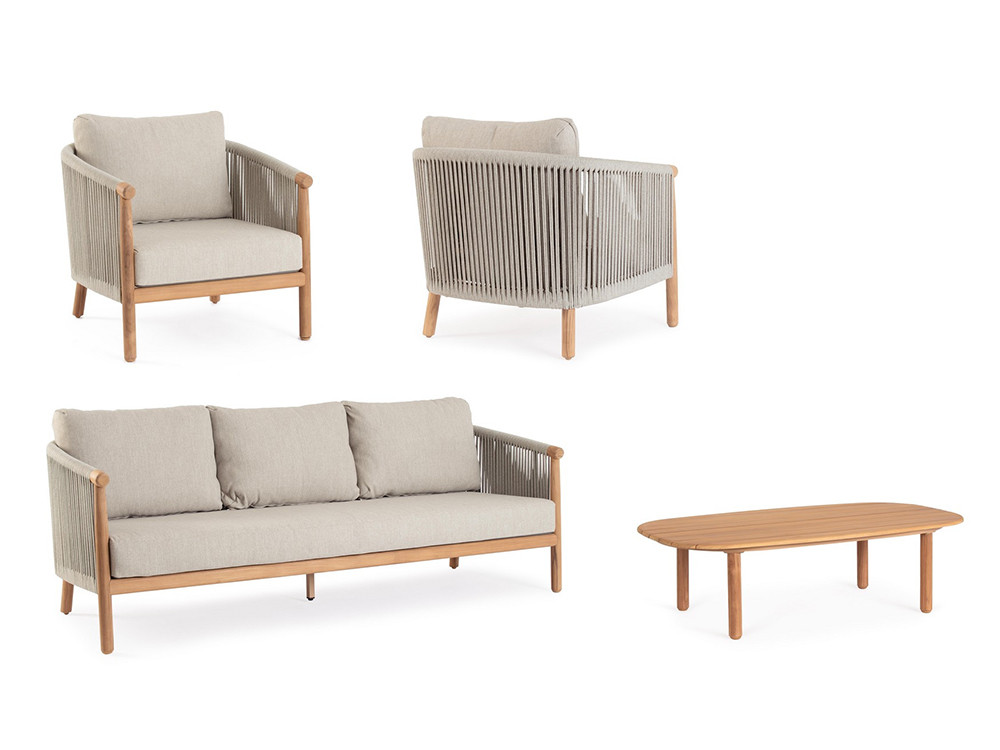 Conjunto sofá y dos sillones Apollus de Bizzotto: diseño premium en teca para jardines exclusivos