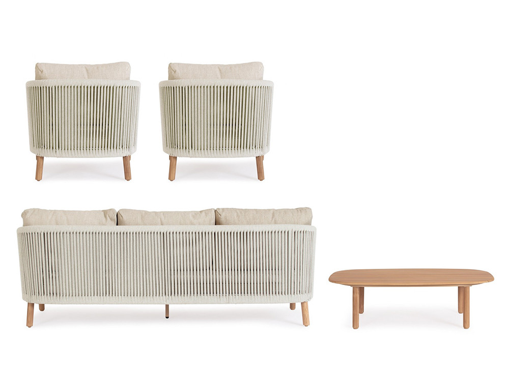 Sofás de exterior de madera Apollus: conjunto completo de Bizzotto con mesa de centro y sillones