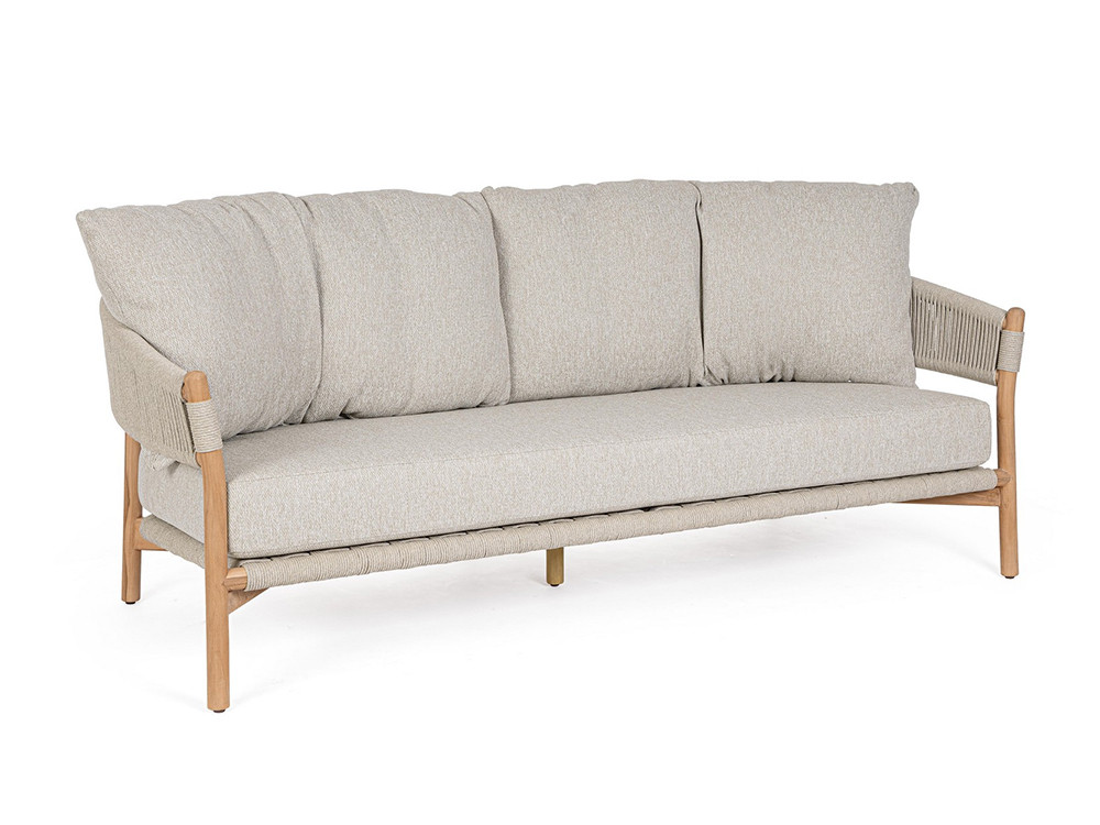 Sofá exterior madera Garita de Bizzotto: diseño artesanal con cuerda y tejido Olefin