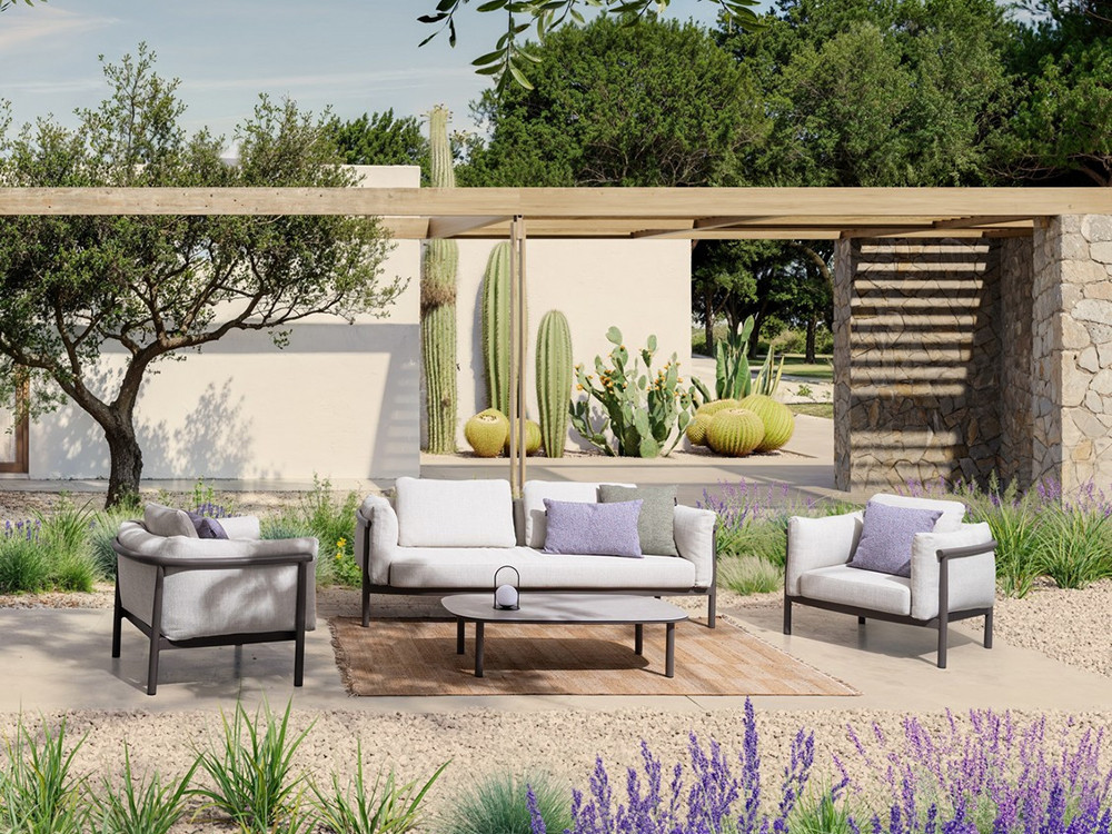 Conjunto de jardín de aluminio Theodore de Bizzotto: sofá de 3 plazas, sillones y mesa con efecto piedra natural
