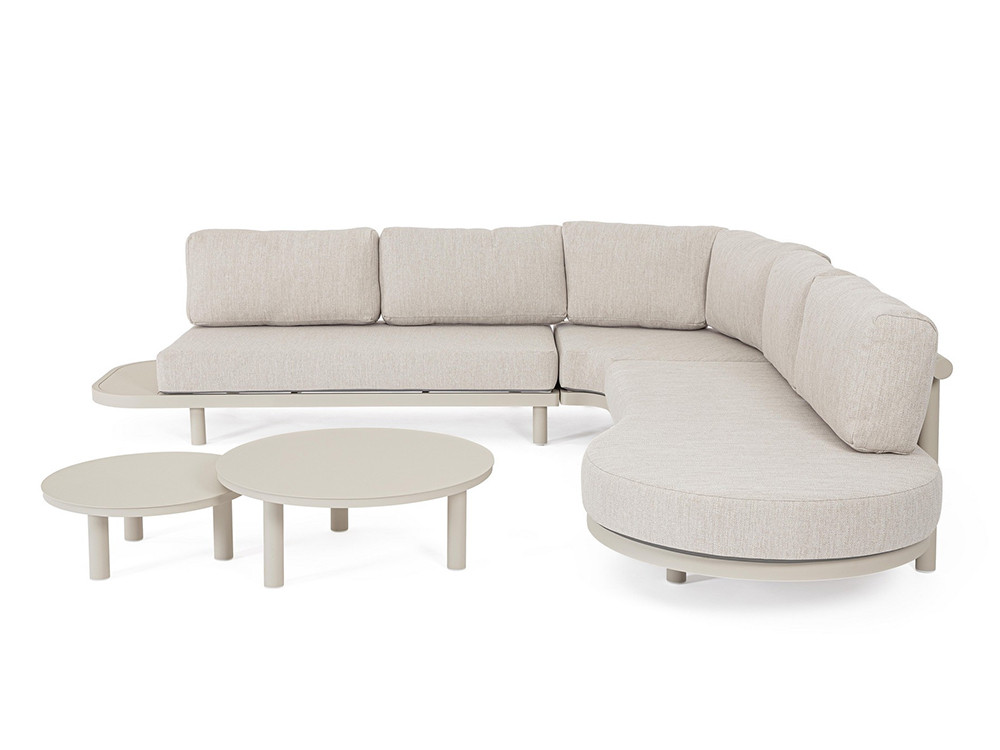 Sofa exterior aluminio Hércules: conjunto de Bizzotto con mesas redondas en 2 acabados