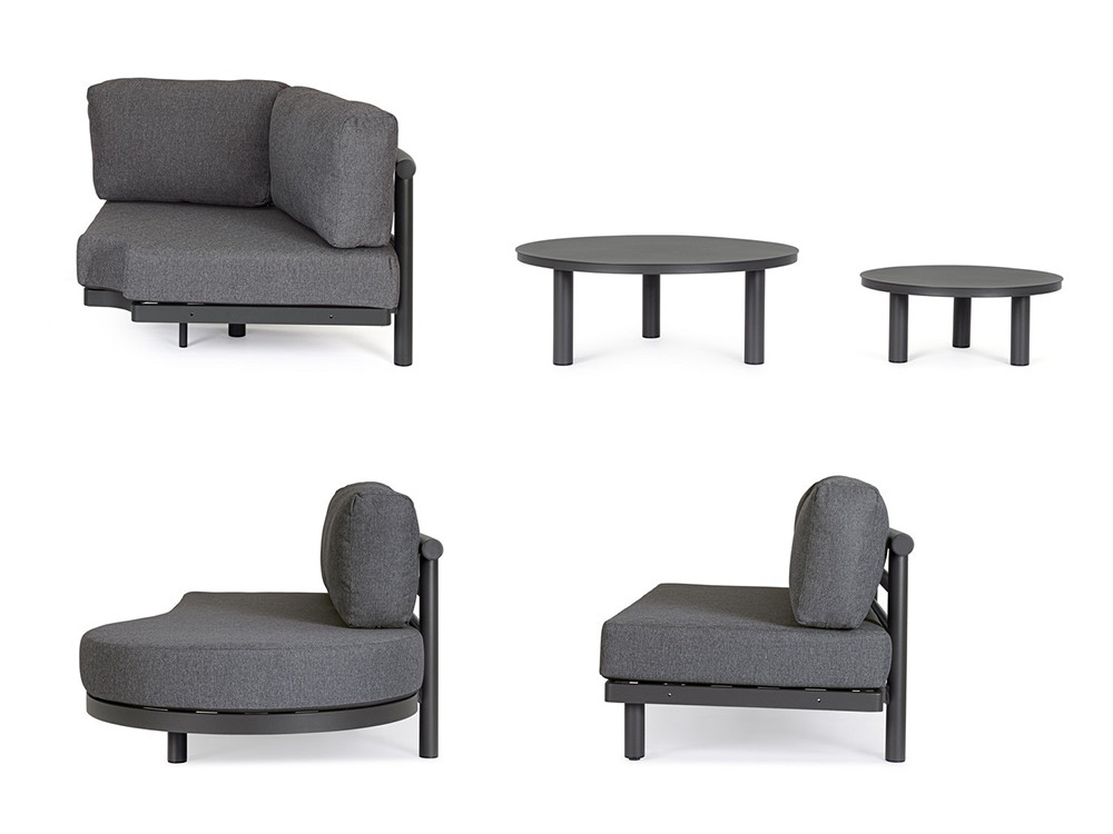 Muebles de exterior de diseño Hércules de Bizzotto: sofá de esquina redondeada y mesas premium