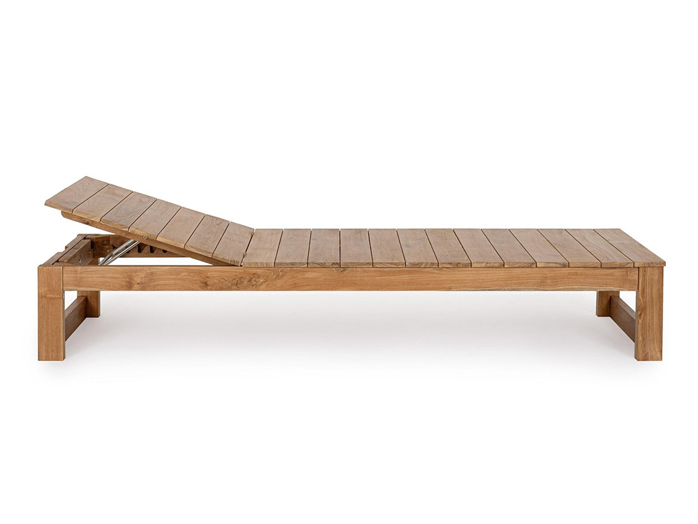 Tumbona de madera para exterior en teca FSC con respaldo ajustable y colchoneta olefin opcional.