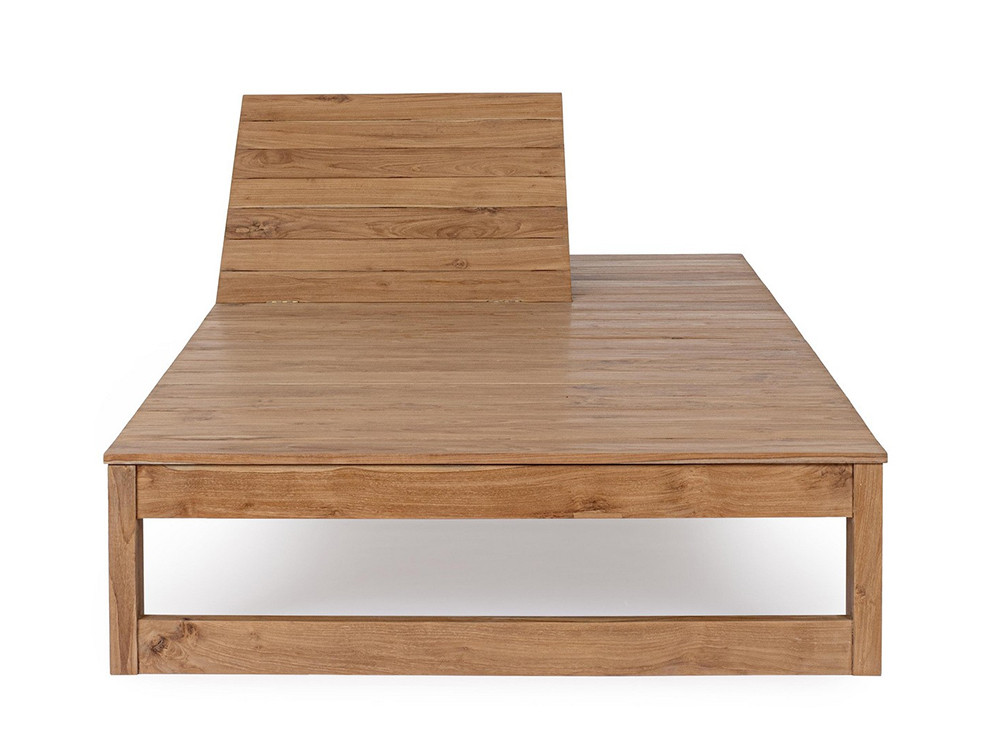 Mobiliario de terraza: tumbona reclinable de teca con colchoneta de tejido olefina resistente al sol.