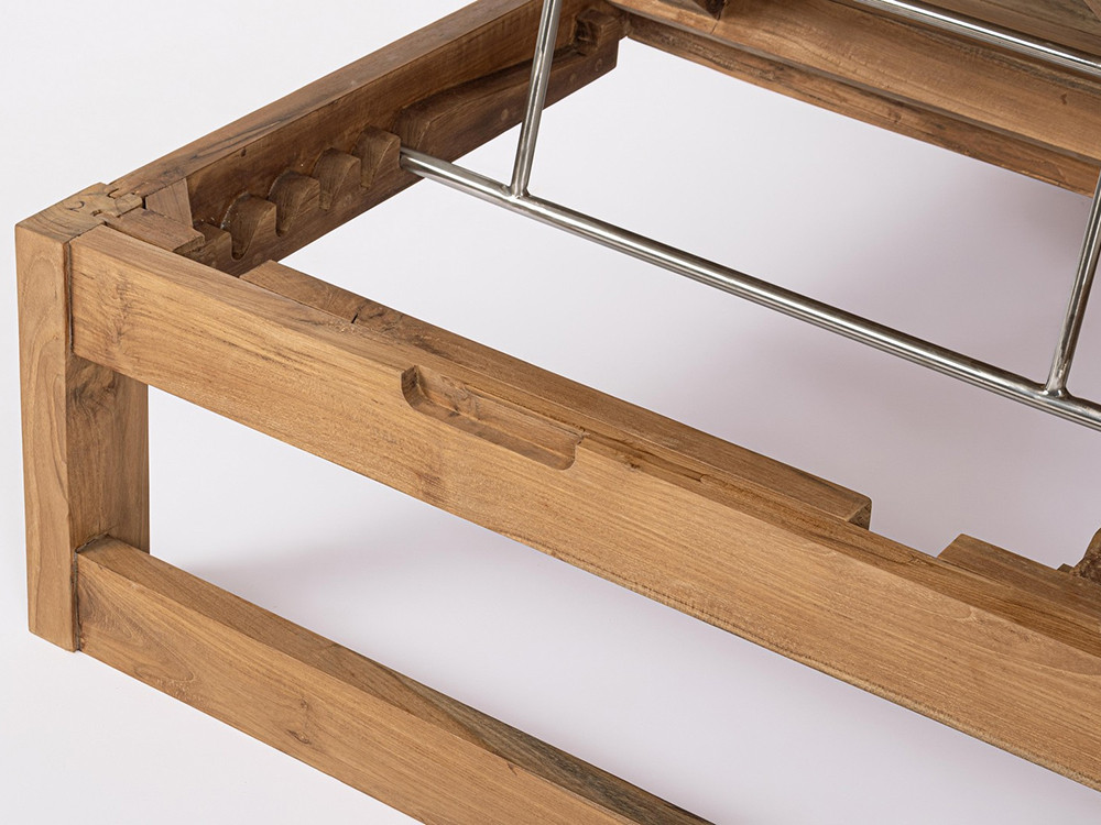 Mueble de exterior Honolulu, tumbona doble en teca con respaldos de 5 posiciones y colchoneta olefin de calidad.