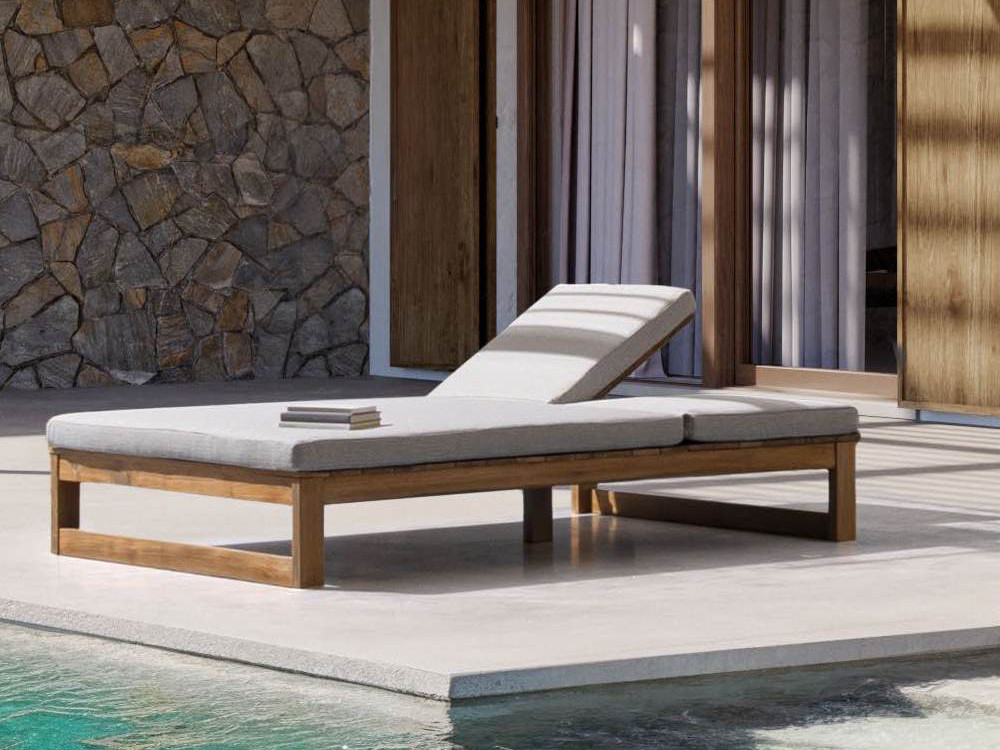 Mueble de exterior: tumbona doble de teca Honolulu, diseño moderno con 5 posiciones y colchoneta olefin