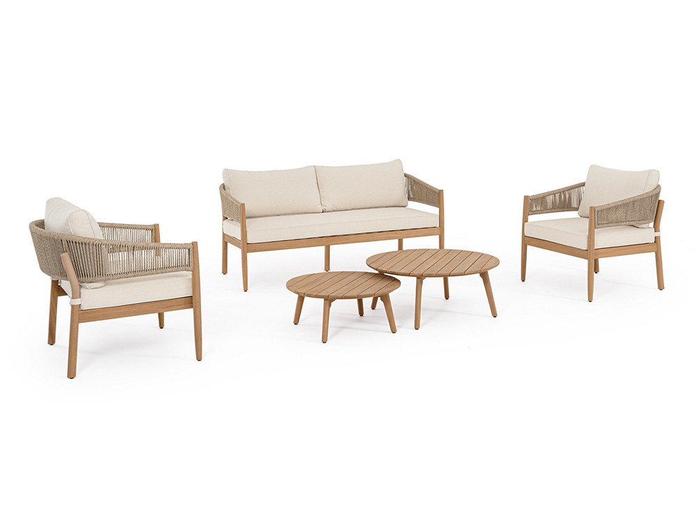 Conjunto salón exterior Thiago en madera de acacia y cuerda trenzada con cojines olefin en Mobel 6000