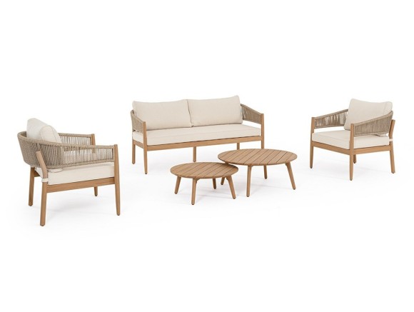 Conjunto salón exterior Thiago en madera de acacia y cuerda trenzada con cojines olefin en Mobel 6000