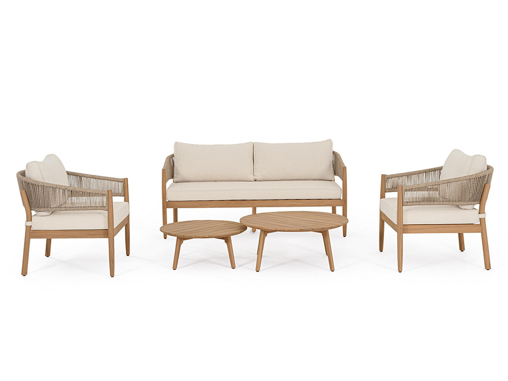 Conjunto sofá jardín madera de acacia Thiago con sillones de aluminio y cuerda trenzada para exterior