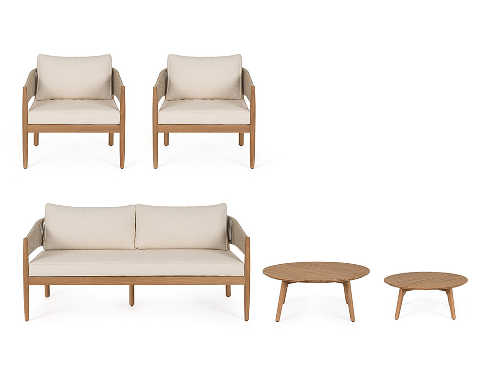 Muebles de exterior Thiago: conjunto con sofá, sillones de cuerda y mesa de centro en madera de acacia