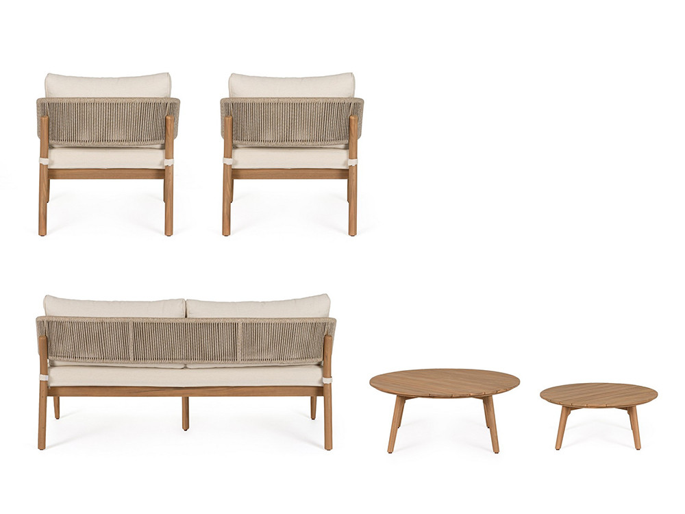 Sofá madera exterior y sillones de aluminio Thiago, conjunto de salón para terraza y jardín Mobel 6000