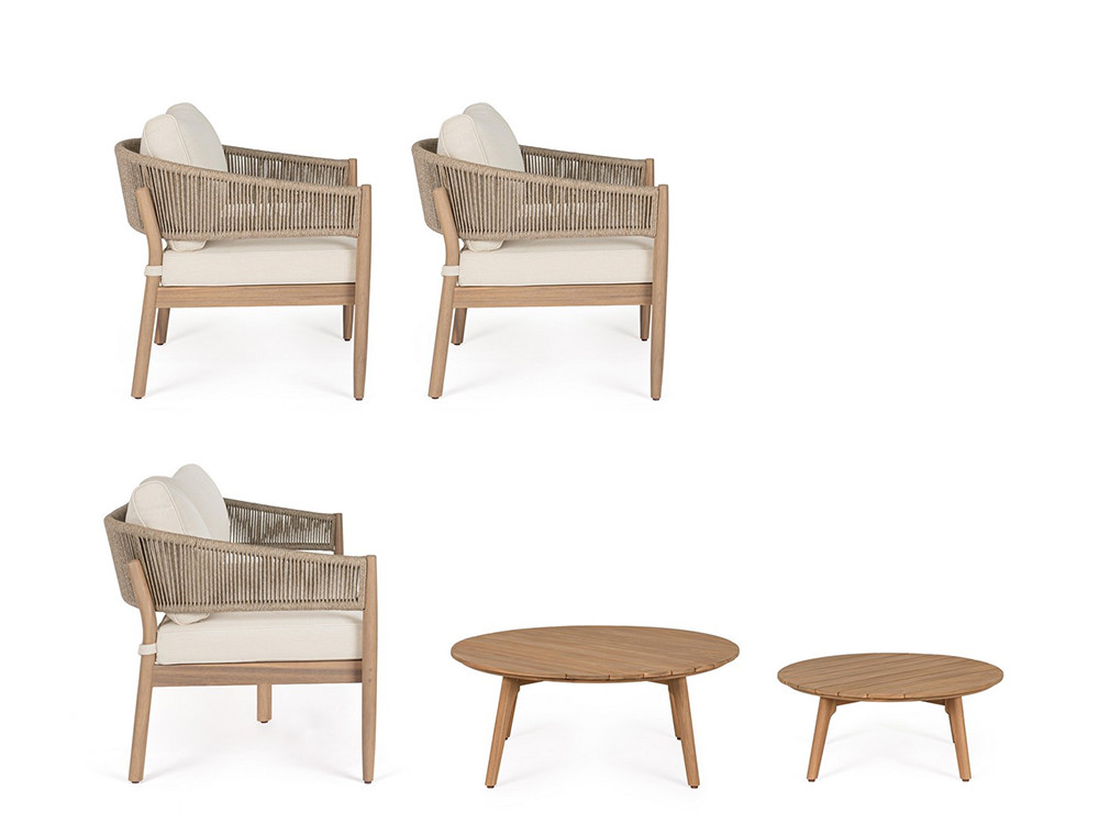 Conjunto jardín moderno Thiago, madera de acacia con respaldos de aluminio y cuerda con tejido olefin