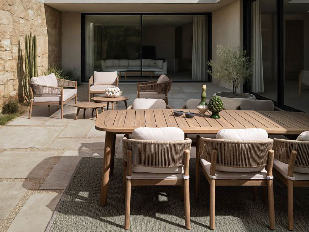 Mueble de jardín: silla de madera de acacia Thiago con asiento tapizado en tejido olefin de calidad