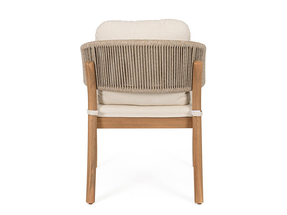 Silla de madera para terraza Thiago, fabricada en acacia con respaldo de cuerda y cojín de tejido olefin