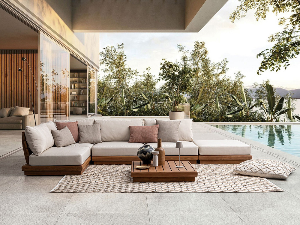 Sofá madera exterior Delgada de Mobel6000: diseño modular en madera de teca SVLK y tejido olefin