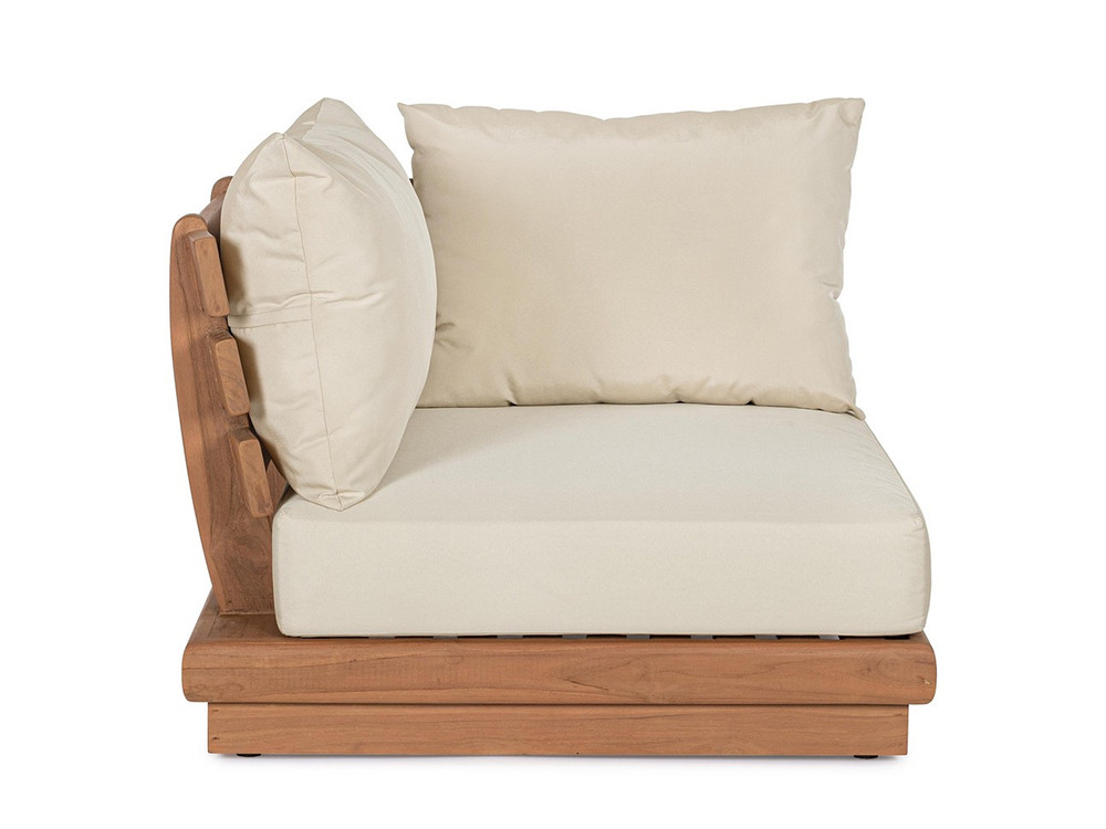 Sofá rincón exterior Delgada: elegancia en teca SVLK y tejido olefin para mobiliario de terraza premium