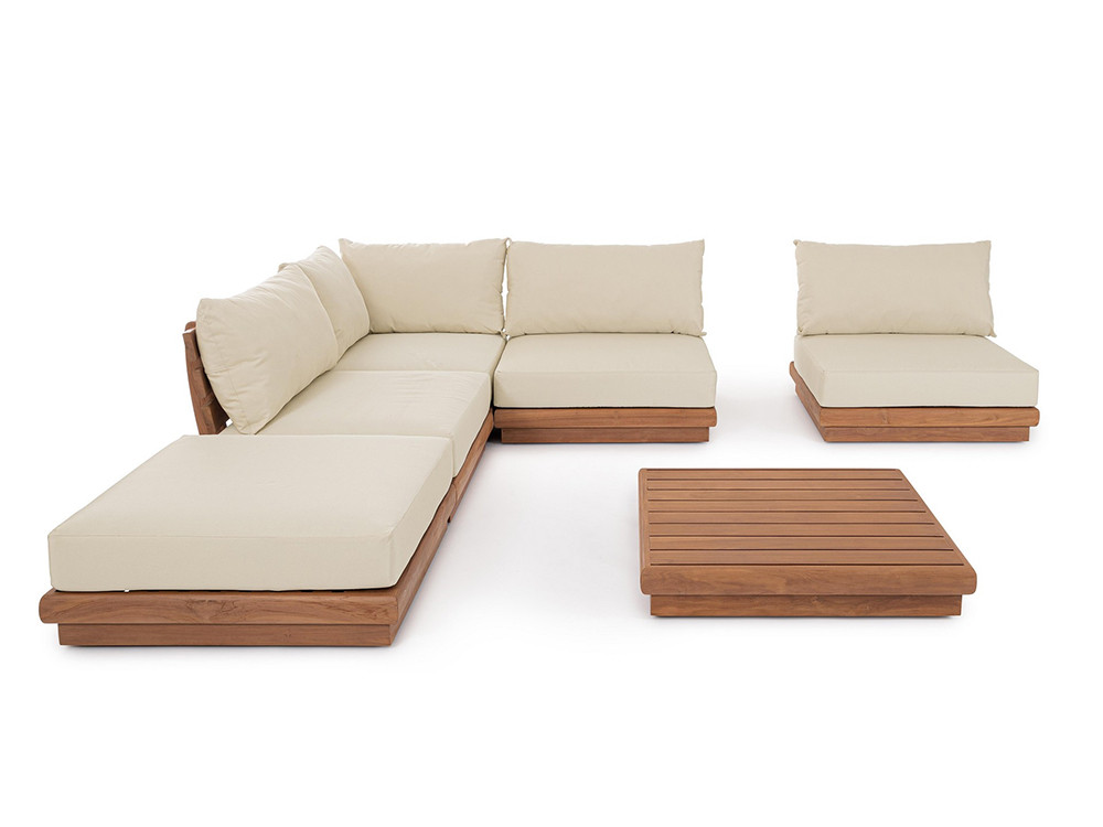 Sofá de exterior cómodo Delgada: base baja de teca SVLK y olefin para salones de jardín de diseño