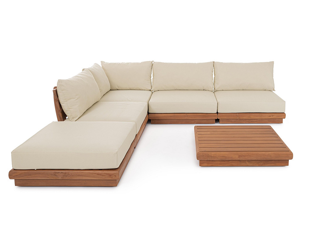 Conjunto de jardín: sofá modular Delgada con esquina, centrales y puf en madera de teca Mobel 6000