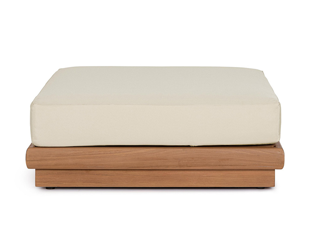 Sofás de exterior de madera Delgada: versatilidad modular con esquina y puf en teca noble y olefin