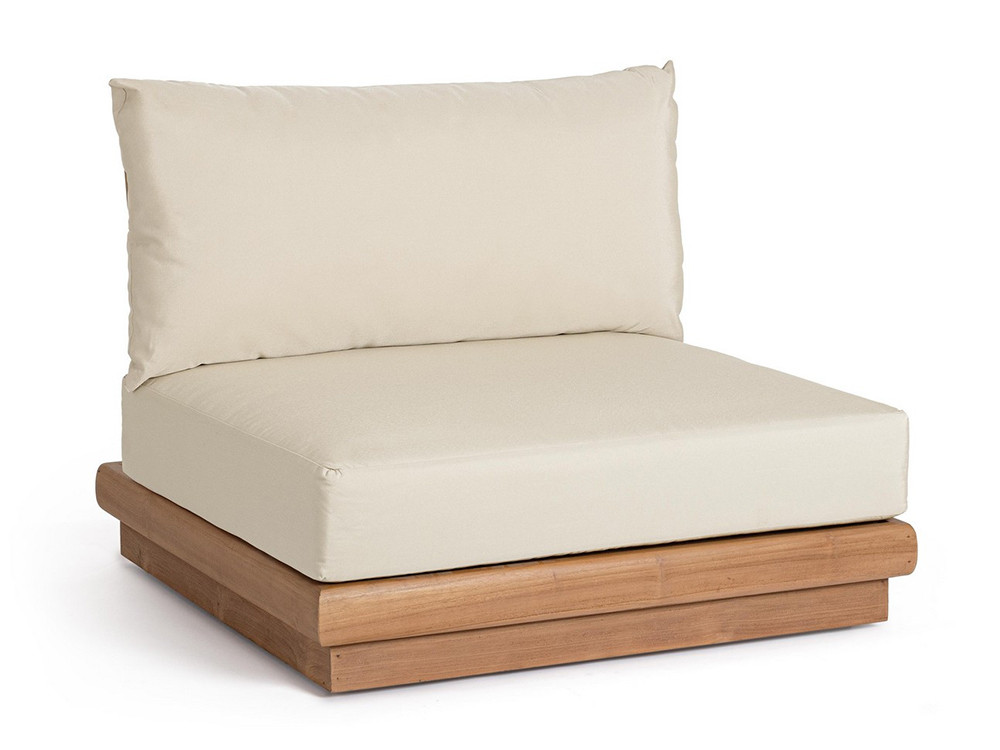 Sofá modular de exterior Delgada: madera de teca SVLK con puf y módulos centrales en Mobel 6000